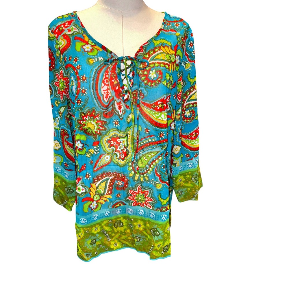 Clothes Blue Paisley Lace Up V-Neck Shimmer Tunic Top‎ Womens Large 3/4 Sleeve